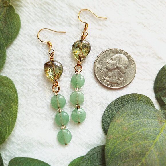 Glass & Aventurine Crystal Earrings, Woodland Fairycore Earrings, Cottagecore - Picture 2 of 7